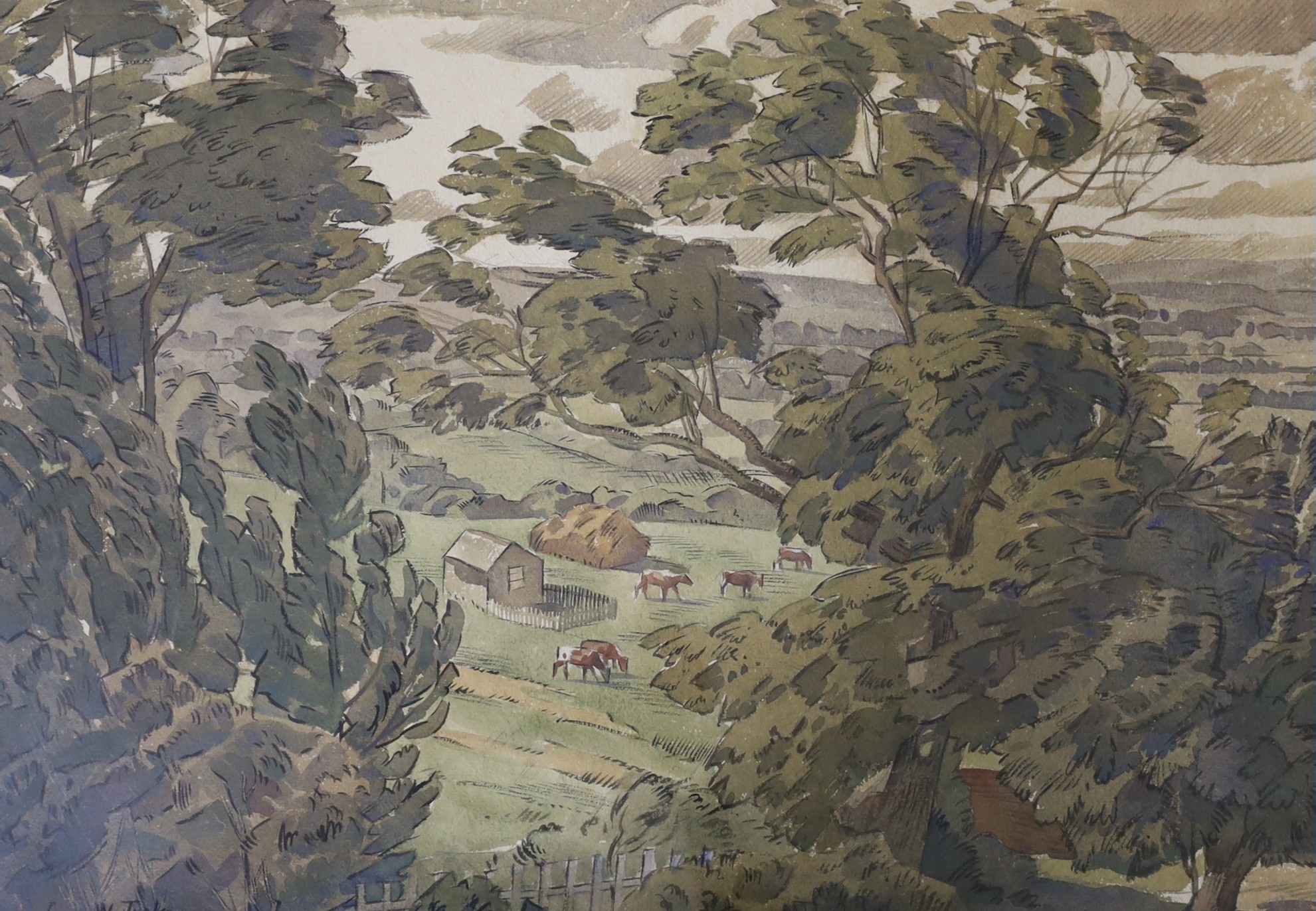 James Walker Tucker (1898-1972), watercolour, 'A Summer breeze in the Cotswolds (from Horsepools)', signed, 35 x 50cm